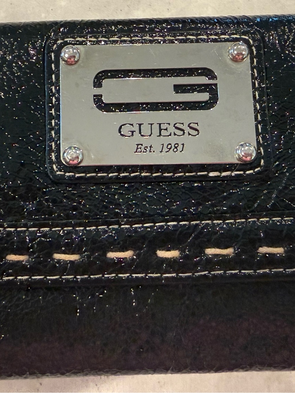 Guess Black Patent Wallet with Silver Logo Plaque